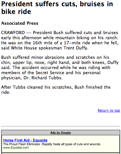 President Bush's bike accident mixed with an ad for horse wound treatment.